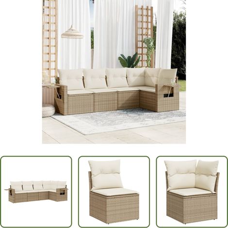 Gartensessel -  5-tlg. Garten-Sofagarnitur mit Kissen Beige Poly Rattan (1/5)
