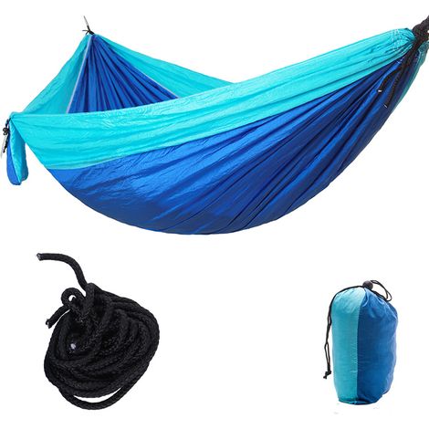 Hamac de voyage portable pour camping avec sangle d'arbre (bleu clair et bleu foncé) (1/5)