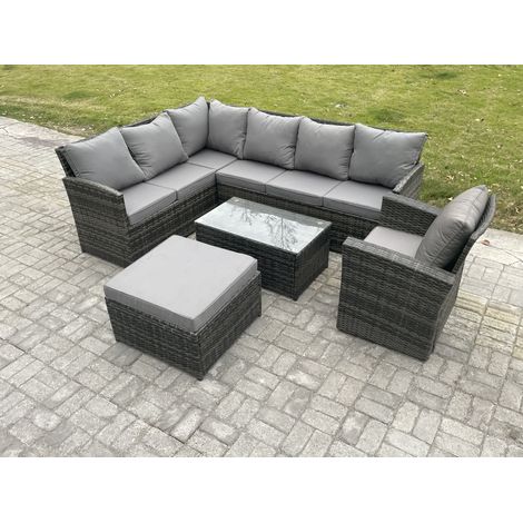 Fimous 8 Seater Rattan Lounge Corner Sofa Set Wicker PE Outdoor Garden Furniture Set with Coffee Table Big Footstool Armchair Dark Grey Mixed