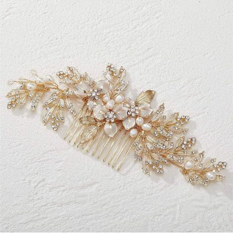 Brauthaarkamm – Blumenkamm aus Goldlegierung mit Perlen und Strasssteinen – 15,5 x 6 cm – Für Hochzeit, Verlobung, Kommunion (1/5)