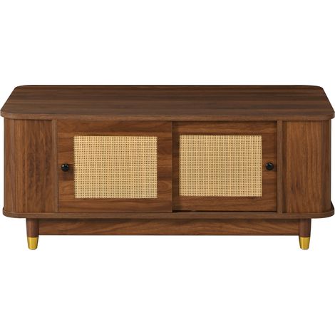 Table de café avec portes coulissantes en rattan, coins arrondis, rangement, MDF, optique en bois, table de séjour, design moderne