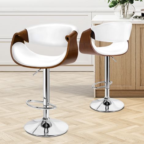 ALFORDSON 360° Swivel Wooden 2x Bar Stools, Height Adjustable，Footrest, PU Leather,Back Support for Home Bar, Counter, Breakfast Nook, Kitchen, White