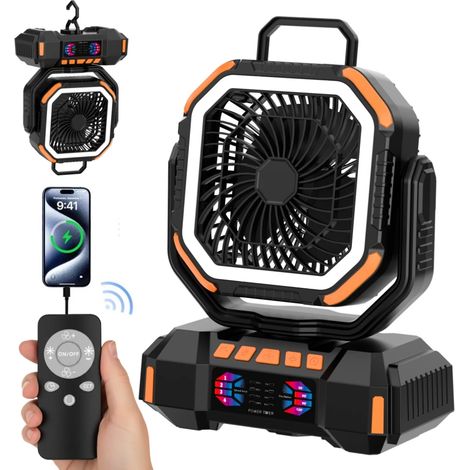 Ventilateur de camping 40 000 mAh (Orange), circulateur d'air portable de bureau rechargeable avec éclairage LED (40 000 mAh). (1/5)