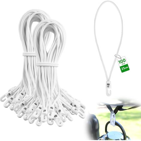 100 Pièces Tendeurs Élastiques avec Crochets 25 cm Corde Élastique Ø4 mm Extenseur avec Crochets Blanc Sandow Elastique pour Bâches, Camping, Tentes, Bâches de Remorque, Couverture de Piscine (1/5)