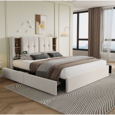 Lit double 160/200 cm beige en velours avec recharge sans fil et 4 tiroirs (1/5)