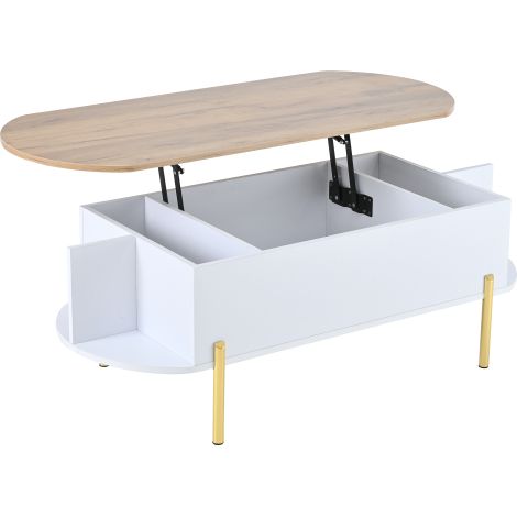 Table basse relevable 120x50x43cm, 7 espaces de rangement bois et blanc