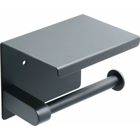 Wall-mounted toilet paper holder with cell phone shelf for bathroom, made of matte black stainless steel (1/4)