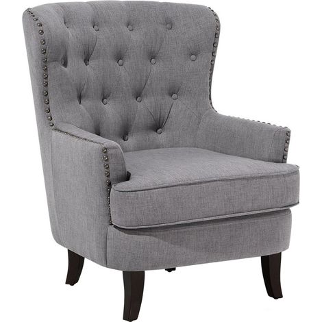 Sillón orejero tapizado gris claro botones cabeza de claro decorativos respaldo acolchado patas negras elegante Viborg II
