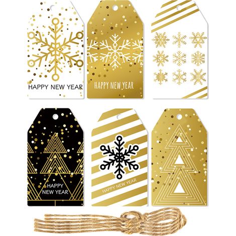 Etiquetas de regalo de papel con la frase "Feliz Año Nuevo", etiquetas negras y doradas con cordón para decorar regalos de Año Nuevo 2025. (1/5)