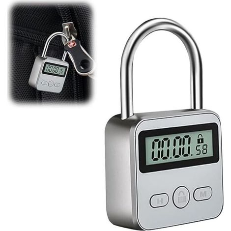 Affichage de Lock, Cadenas Valise avec LCD Écran, USB rechargeable Cadenas Code Verrouillage De La Minuterie, pour Prévenir Les Mauvaises Habitudes (Argent) (1/5)