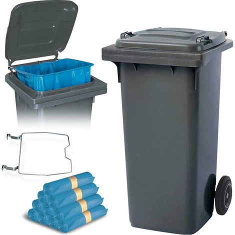 BRB Poubelle de 120 litres avec support pour sacs poubelles + 250 sacs poubelle (gris) (1/2)