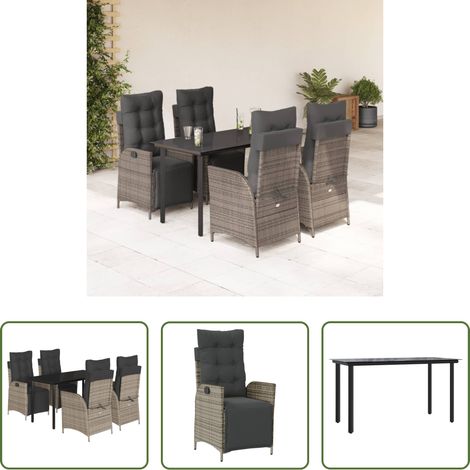 Gartentisch - 5-tlg. Garten-Essgruppe mit Kissen Grau Poly Rattan (1/5)