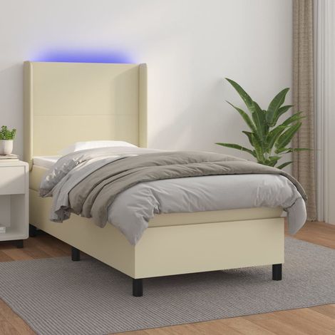 Cama box spring y colchón LED cuero sintético crema 90x190 cm