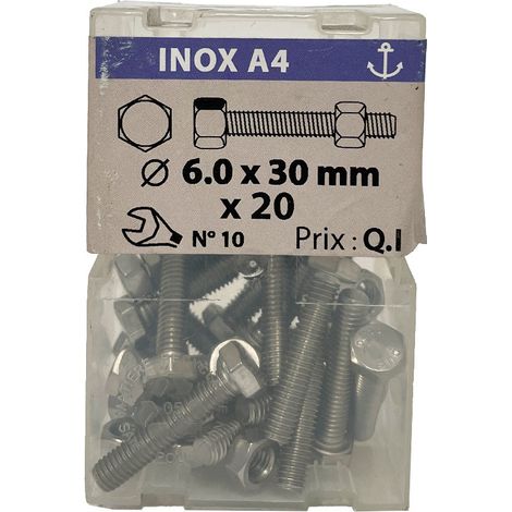 20 vis 6 x 30mm tête hexagonale + écrou inox A4 - Vissal