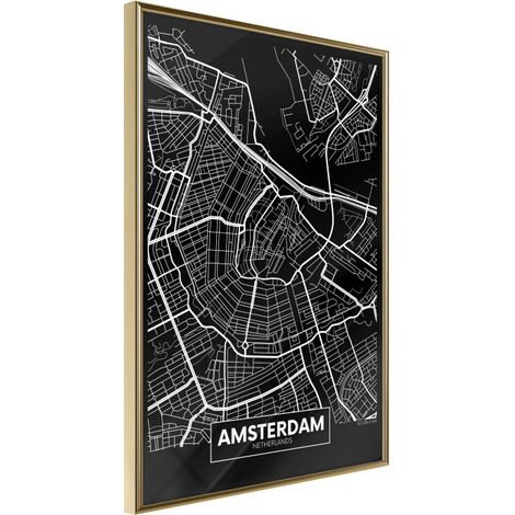 Affiche Murale Encadrée "City Map Amsterdam Dark" 40 x 60 cm Or (1/2)