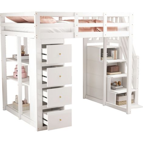 Lit mezzanine 140x200 cm avec 4 tiroirs, étagères de rangement et échelle sécurisée, blanc, pour chambre enfant et ado, en bois - CHICFURN (1/5)