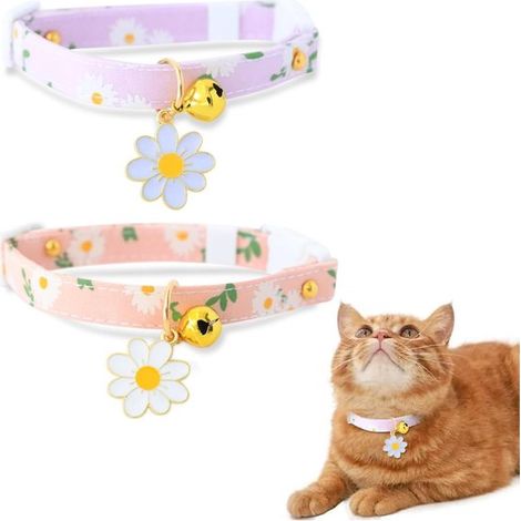 Set mit 2 Baumwoll-Katzenhalsbändern mit Glöckchen und Blumenanhänger, rosa und lila (1/5)