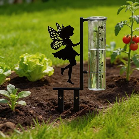 Piquet de jardin avec figurine fée et pluviomètre, décoration métal originale pour pelouse et massif (1/5)