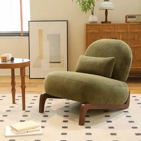 Fauteuil velours doux sans accoudoirs, pieds bois massif, rembourré pour salon (1/5)