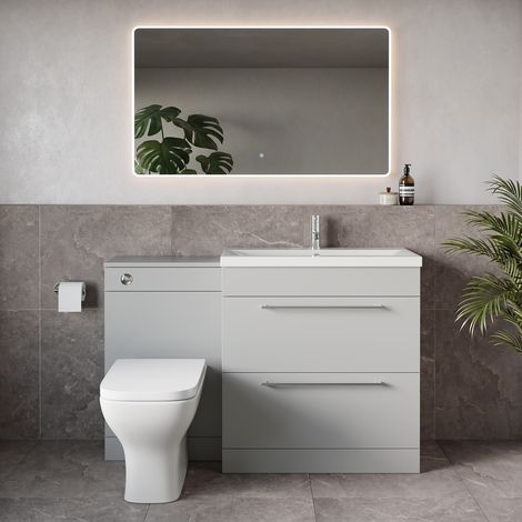 Napoli 390 Gloss Grey Pearl 1300mm 2 Drawer Vanity Unit Toilet Suite with Glide Basin - 1300mm - Chrome 480mm HandleWith Kingston Toilet Pan and Seat