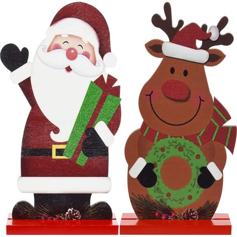 Adorno Navideño De Madera - Santa Y Reno O Santa Y Muñeco De Nieve - Doble Cara - Para Mesa Escritorio Estantería - 2 Unidades (1/5)