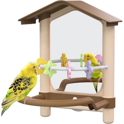 Specchio per uccelli da compagnia da 8,1 pollici, con posatoio e giocattolo per la dentizione del pappagallino ondulato, accessorio decorativo per gabbia per pappagalli (marrone)