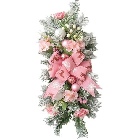 Couronne de Noël artificielle en forme de goutte de 55 cm, grand ruban imprimé, boules de Noël, rose, neige, branches givrées, couronne décorative d'escalier d'intérieur A (1/5)