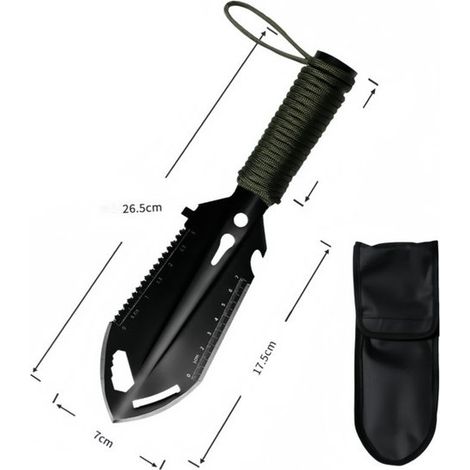 pieza，pequeña pala de supervivencia，mini pala de camping 9 en 1，pala ultraligera para mochila，hecha de acero inoxidable，negra，26,5 × 7 cm (1/4)