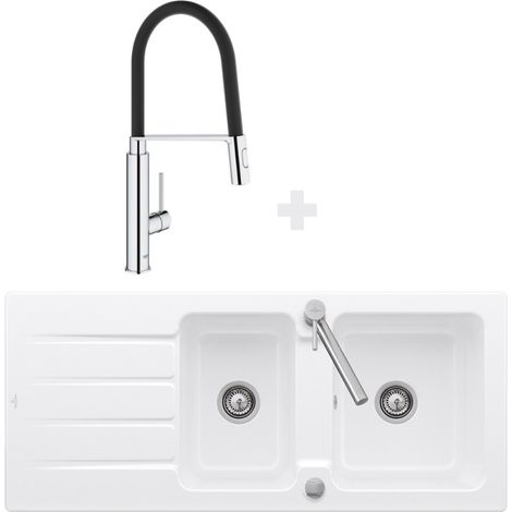 Fregadero 116 x 51 cm VILLEROY ET BOCH Architectura 80 Blanco + grifo de cocina GROHE Concetto