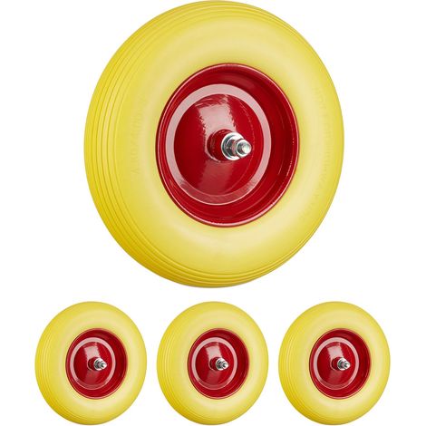 4 x Schubkarrenrad Vollgummi mit Achse, 4.80 4.00-8 PU Gummirad, pannensicher, 100 kg Tragkraft Ersatzrad, gelb-rot