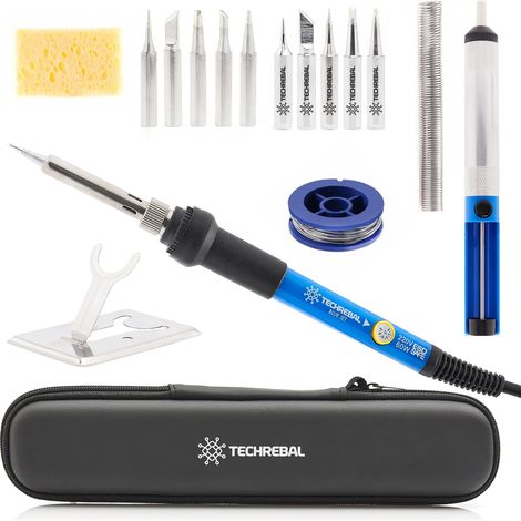 Soldador Techrebal "Blue Jet" TBJ60W 10 en 1 en estuche con potenciómetro de 60 W + kit de soldadura grande