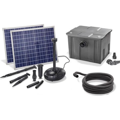 Kit pompe solaire bassin avec filtre Premium 3400L-100W – Débit max 3400 l/h – Hauteur refoulement max 3m – Autonome sans électricité