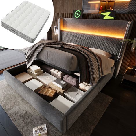 Bett 160x200 cm modern mit hohem Kopfteil, Stauraum, LED, USB/Type-C und Matratze, grau (1/5)