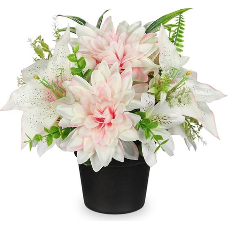 Petites fleurs artificielles en soie en pot - 25 cm - Dahlias roses et blancs - Pour décoration intérieure et extérieure (1/5)