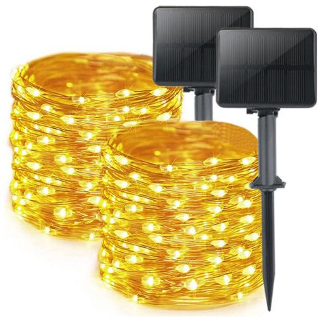 Lot de 2 guirlandes solaires d'extérieur, 16 m de longueur totale, 160 LED, étanches, 8 modes d'éclairage, idéales pour décorer jardin, terrasse, cour, fêtes, blanc chaud. (1/5)