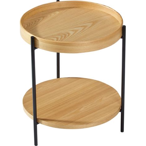 Table basse ronde 2 niveaux en bois et MDF avec structure en métal noir, finition bois clair, design moderne avec rangement ouvert pour salon CHICFURN (1/5)