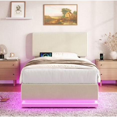 Bett Polsterbett Stauraum 90x200 LED Cord Beige HAVRYA (1/5)