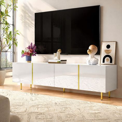 Mueble TV 170x35x46 cm blanco brillo con 4 puertas y cierre suave (1/5)