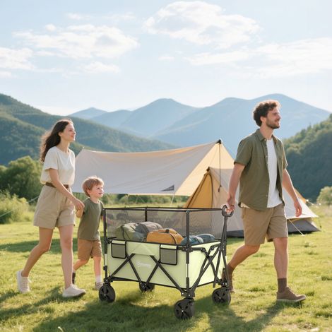 Chariot pliant de 180 L avec poignée réglable en longueur et en angle, parois latérales extensibles, capacité de charge de 120 kg, kaki
