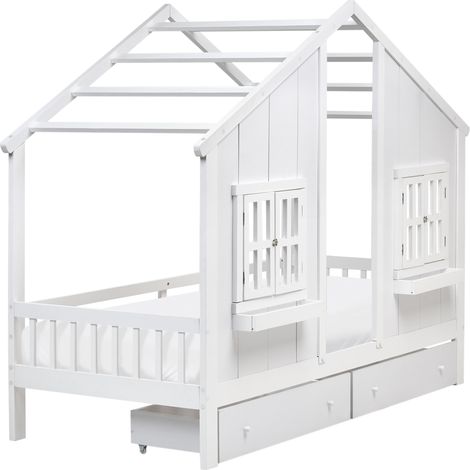 Cama de madera de pino 90 x 200 cm dormitorio infantil en forma de casa con cajones blanco Trappes (1/5)