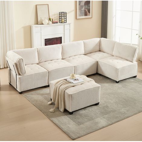 Canapé modulaire en velours côtelé beige 308 cm, 6 places, composition U/L et couchage d’appoint (1/5)