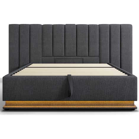 Lit double coffre 160 x 200 cm gris en lin avec LED, USB et USB-C, cadre à lattes, MODENUIT (1/5)