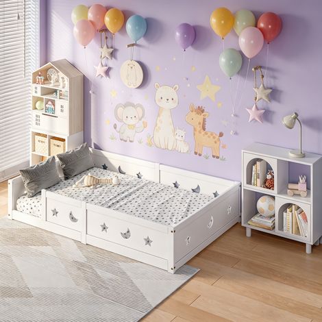 Lit Montessori 90x200cm,Lit au Sol Enfant, lit à barreaux, lit de sol, Lit d'enfant,anti-chute, motif étoile et lune, sommier à lattes, en pin massif, blanc (1/5)