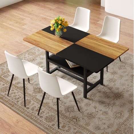 Ensemble table à manger rectangulaire 160 cm avec rangement, 4 chaises PU blanches, MDF et métal (1/5)