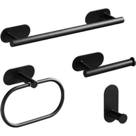 Ensemble d'accessoires de salle de bain, porte-serviettes sans perçage (4 pièces), anneaux porte-serviettes en acier inoxydable noir, porte-papier toilette adhésif noir (1/4)