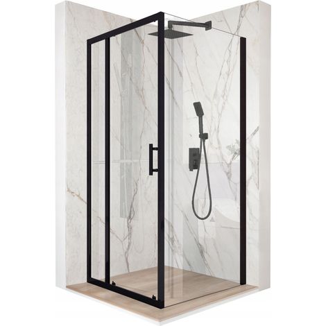 Cabine de douche - 90 x 90 x 195 cm - Verre trempé noir 6 mm - Portes coulissantes - Finition brillante (1/5)