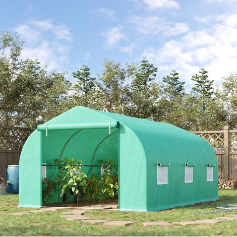 Serre tunnel de jardin 450 x 300 x 205 cm pour potager, avec porte enroulable, fenêtres latérales, bâche verte imperméable et armature acier galvanisé CHICFURN (1/5)