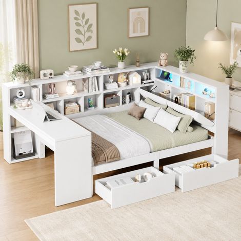 Tagesbett 140x200 cm Weiß aus MDF und Sperrholz mit Schreibtisch, LED-Beleuchtung und Stauraum (1/5)