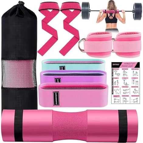Barbell Pad - 1.3 Pouces Épaisseur - Pour Squats et Hip Thrusts - Avec Sangles Chevilles 2 Pièces - Bandes de Résistance 3 Niveaux - Sangles de Levage 2 Pièces - Sac de Transport - Lot de 10 Pièces (1/3)