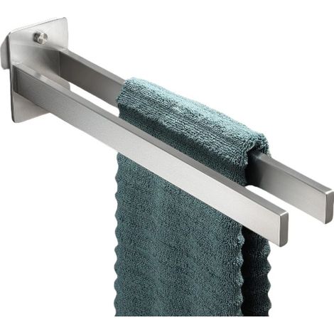 Porte-serviettes mural double en acier inoxydable brossé 304 argenté, idéal pour la salle de bain et la cuisine. (1/5)